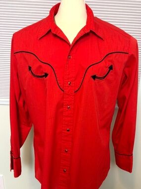 H Bar C Vintage Western Pearl Snap Shirt - Red Mens Large Long Sleeve 18 - 35